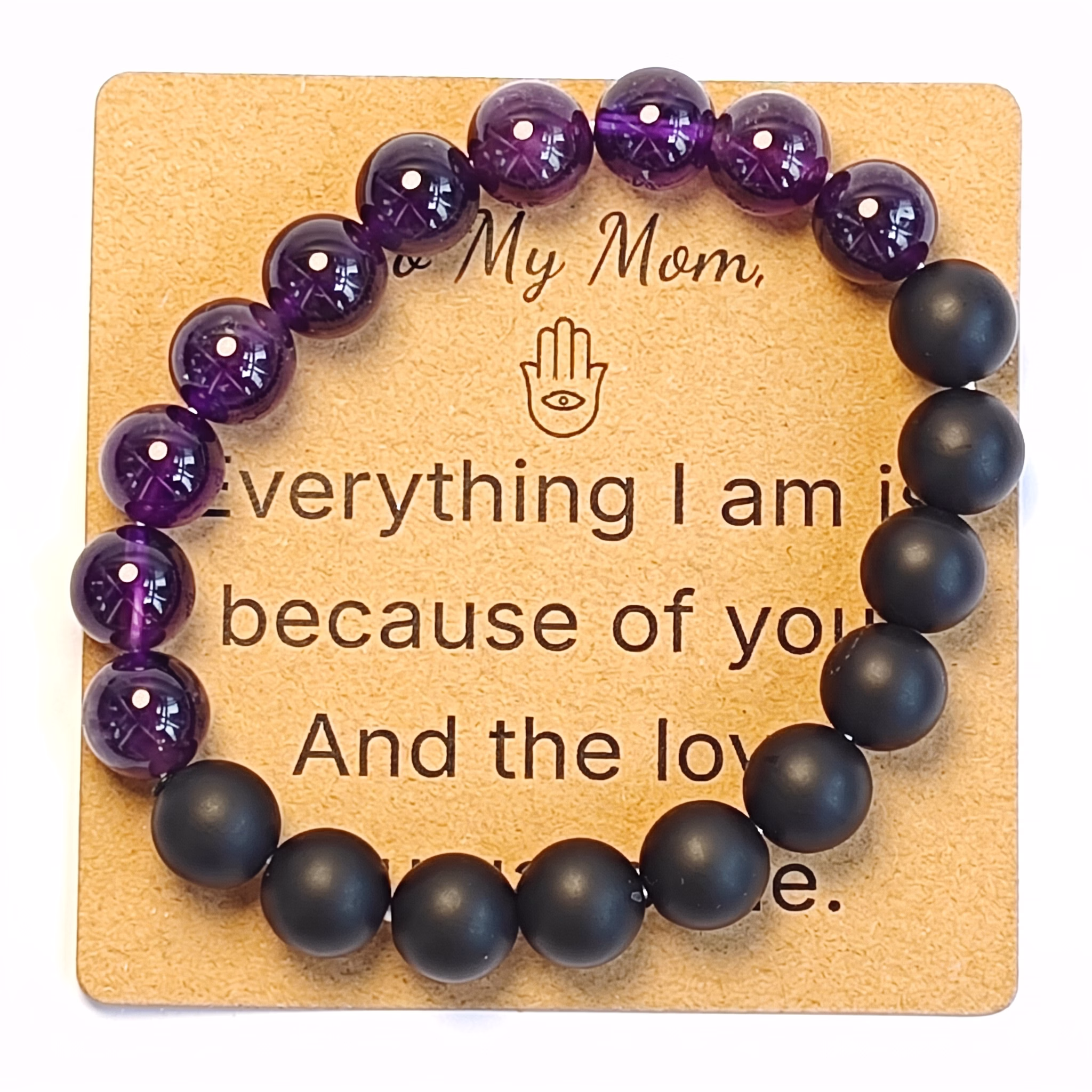 Amethyst & Matte Black Agate Bracelet - Natural Gemstone Jewelry Gift