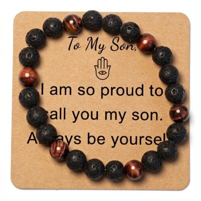 Red Tiger Eye + Black Lava Stone Bracelet Gift for Son