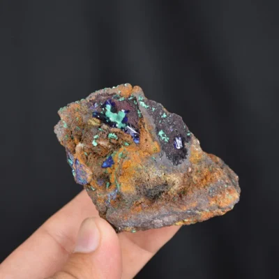 Blue Azurite Crystal With Green Malachite Cluster On Goethite