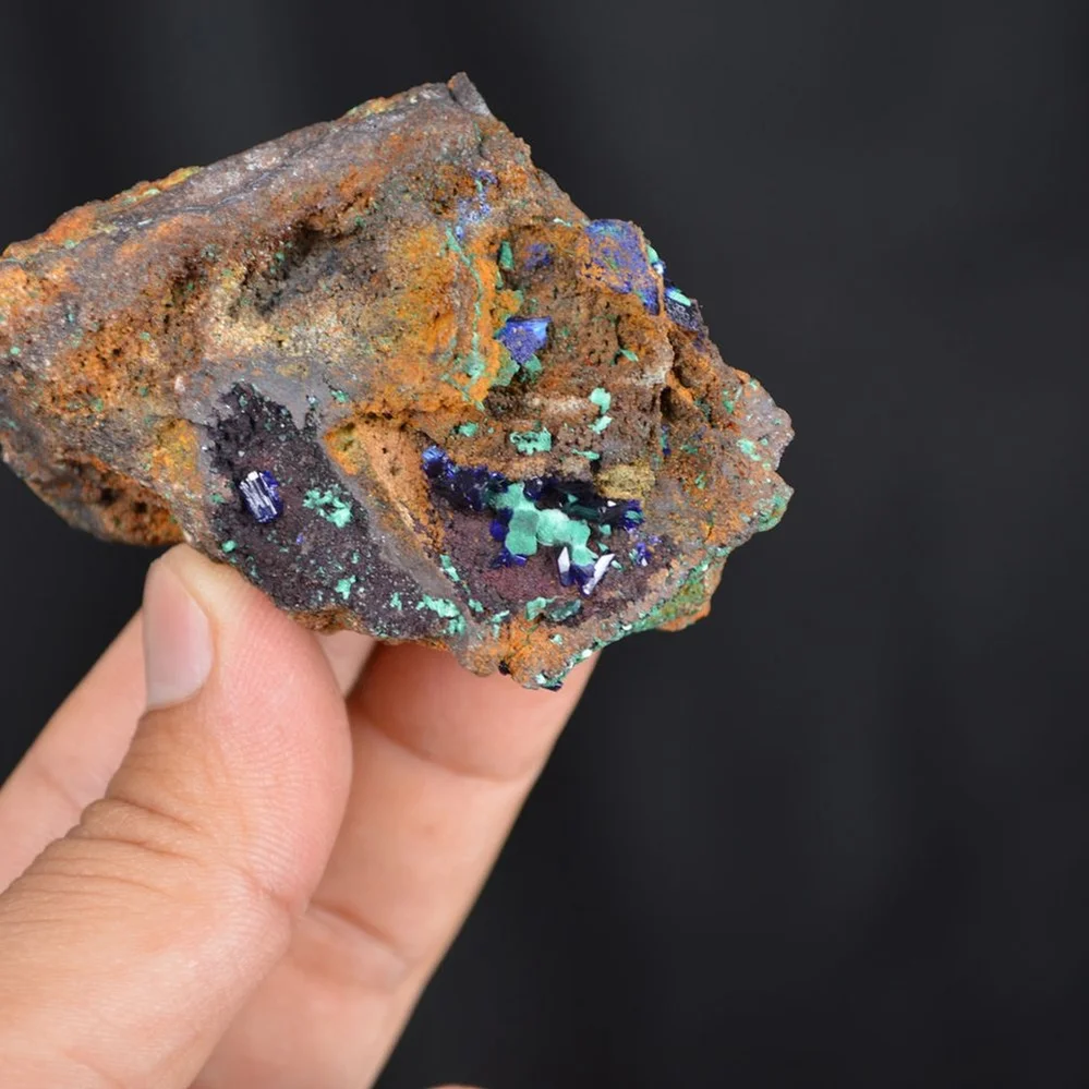 Blue Azurite Crystal With Green Malachite Cluster On Goethite - Image 2