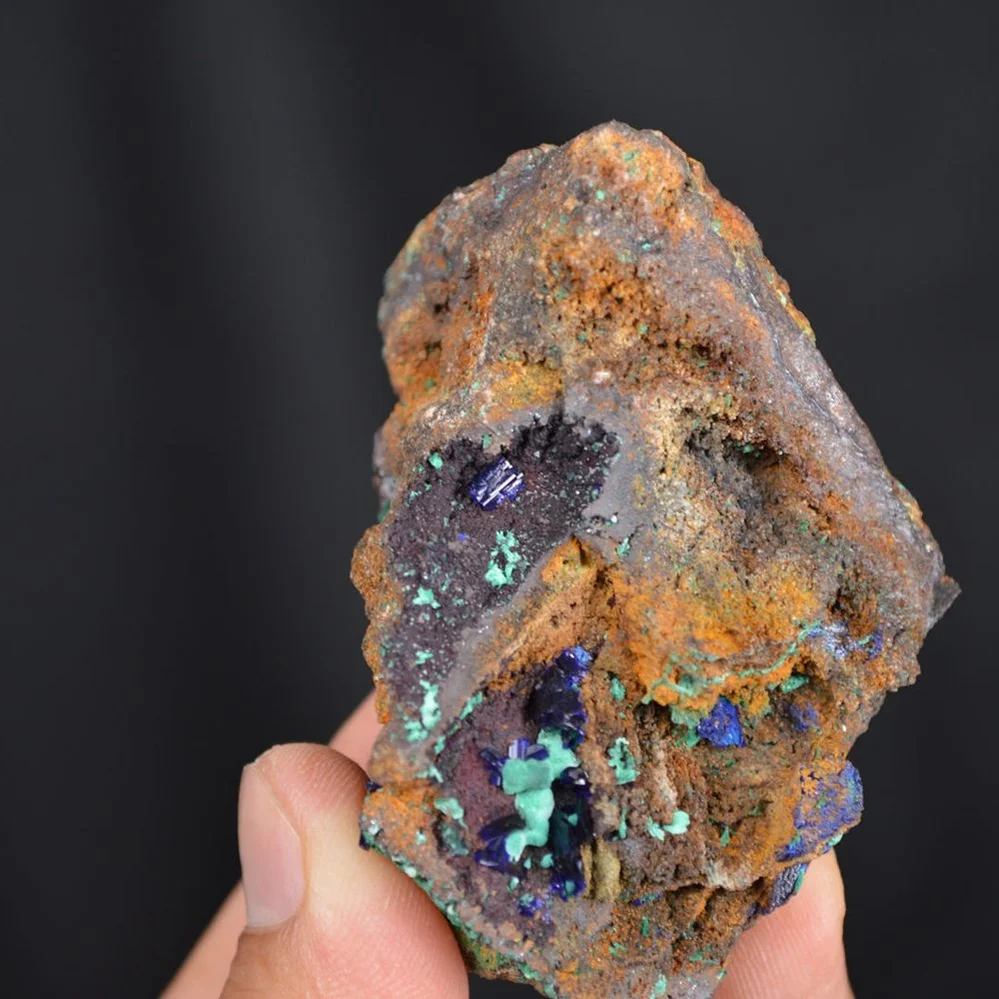 Blue Azurite Crystal With Green Malachite Cluster On Goethite - Image 3
