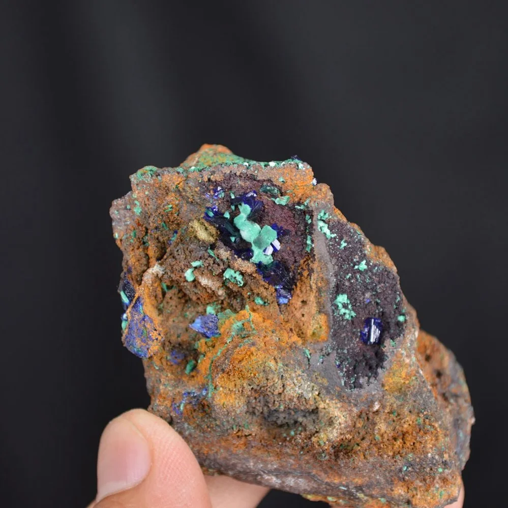 Blue Azurite Crystal With Green Malachite Cluster On Goethite - Image 4