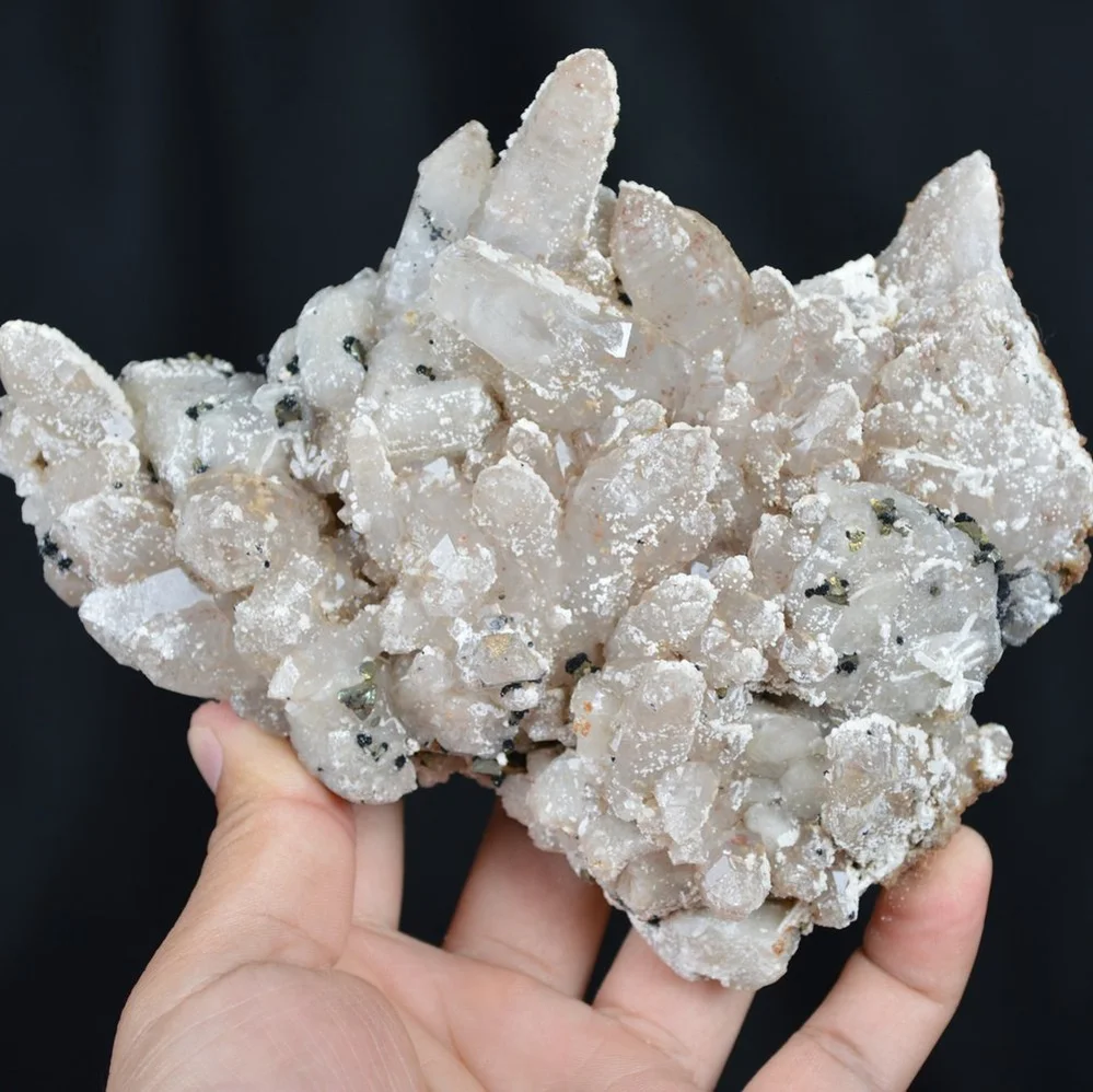 Hubeite, Chalcopyrite, Witherite On Quartz Crystals