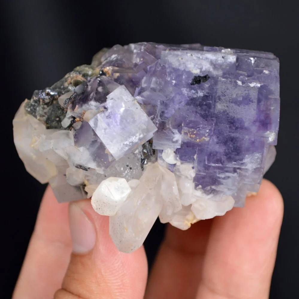Fluorite With Quartz And Calcite, Ferberite Crystals - Image 3