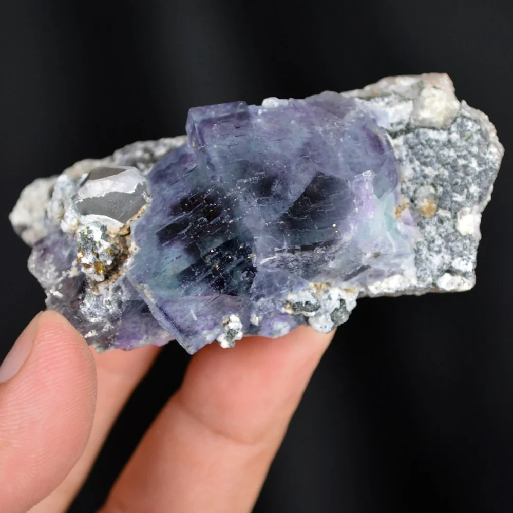 Fluorite With Quartz And Apatite, Chalcopyrite Crystals - Image 2