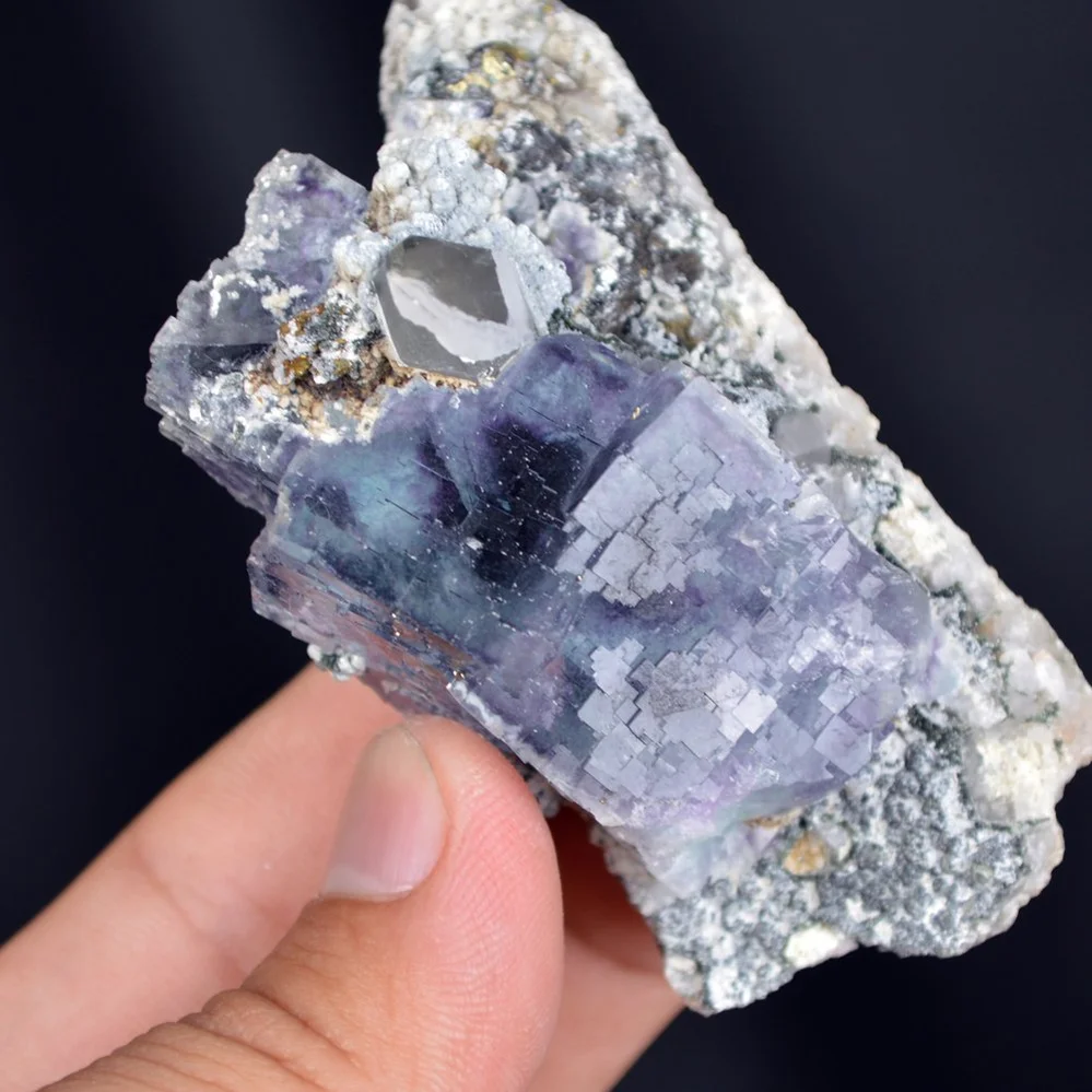Fluorite With Quartz And Apatite, Chalcopyrite Crystals - Image 5
