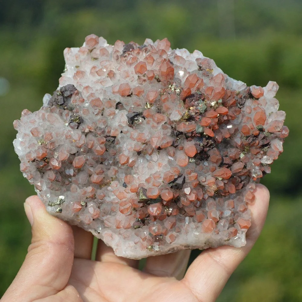 Red Quartz With Chalcopyrite, Pyrite, Calcite Crystals